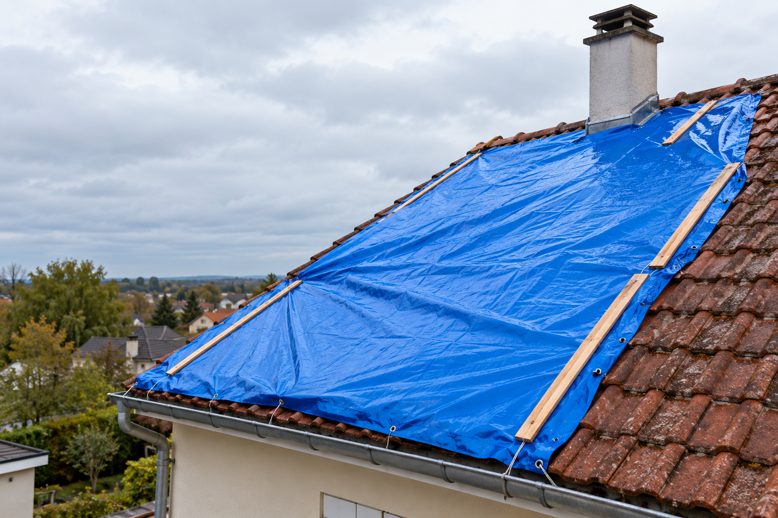 Bâchage provisoire d'une toiture après une fuite