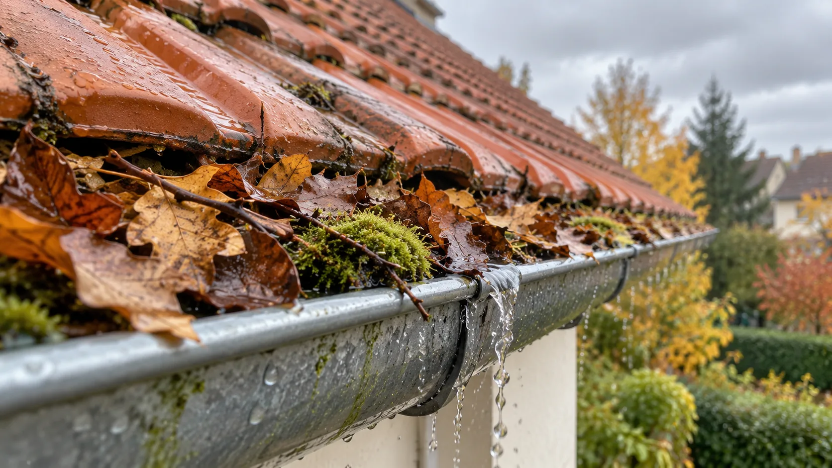 Gouttière bouchée par des feuilles mortes et de la mousse, qui déborde sous la pluie