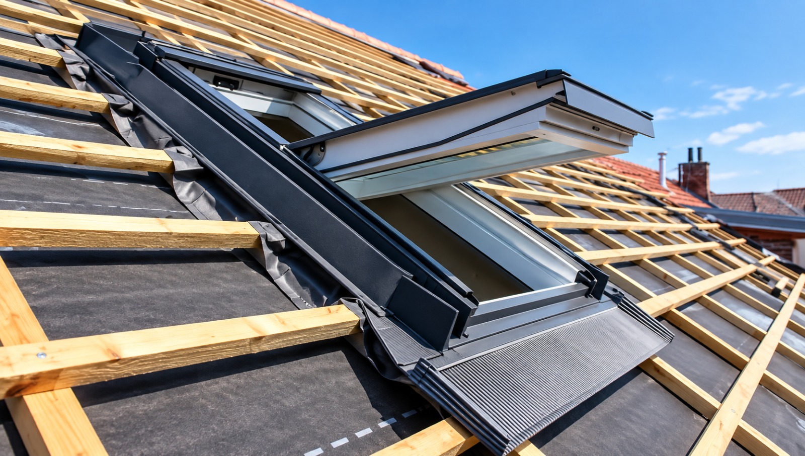 Pose d'une fenêtre de toit sur une toiture en cours de rénovation par EAB