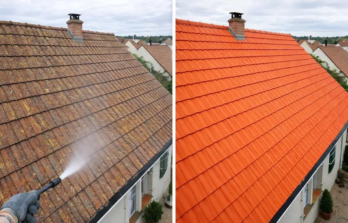 Démoussage d'une toiture en tuiles par un couvreur EAB